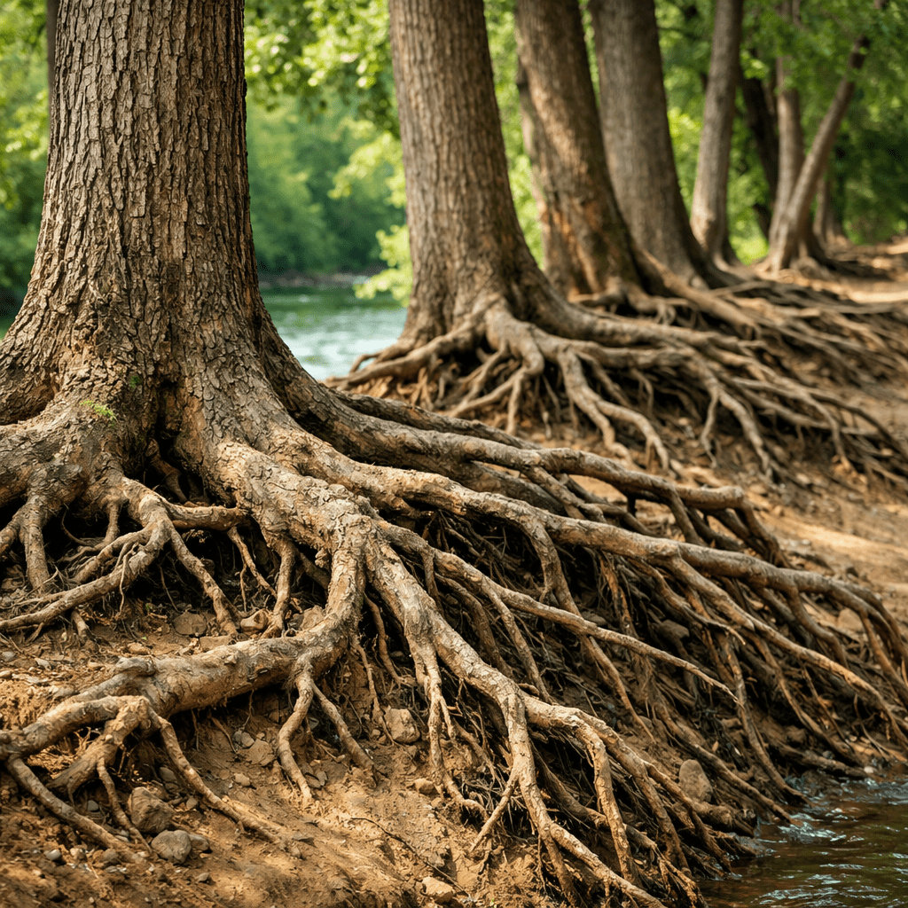 Tree trunks with large exposed roots along a riverbank
